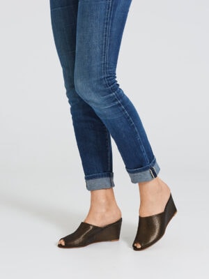 Ops&Ops No15 Black Granite wedges worn with mid-blue denim jeans with turn-ups