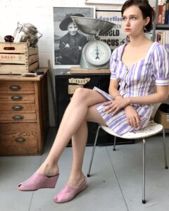 Ops&Ops No15 Pink Pois wedge mules worn with lilac striped summer dress