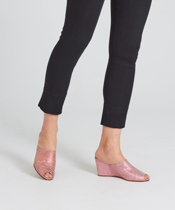 Ops&Ops No15 Pink Pois wedges worn with black capri pants