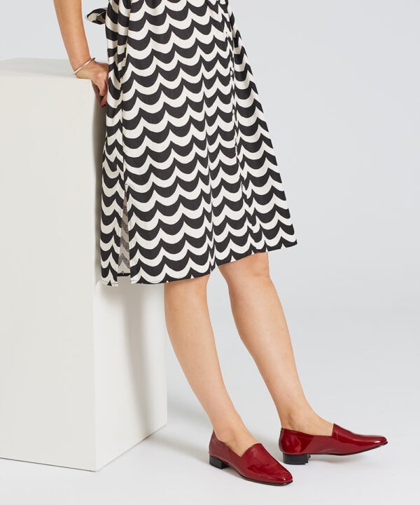 Ops&Ops No11 Crimson patent block heels with patterned knee-length dress