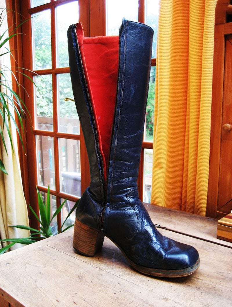 Mair's boots showing side zip undone to reveal red lining