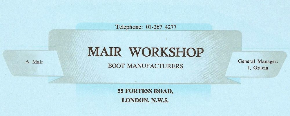 Address card for Mair’s workshop, Kentish Town, London