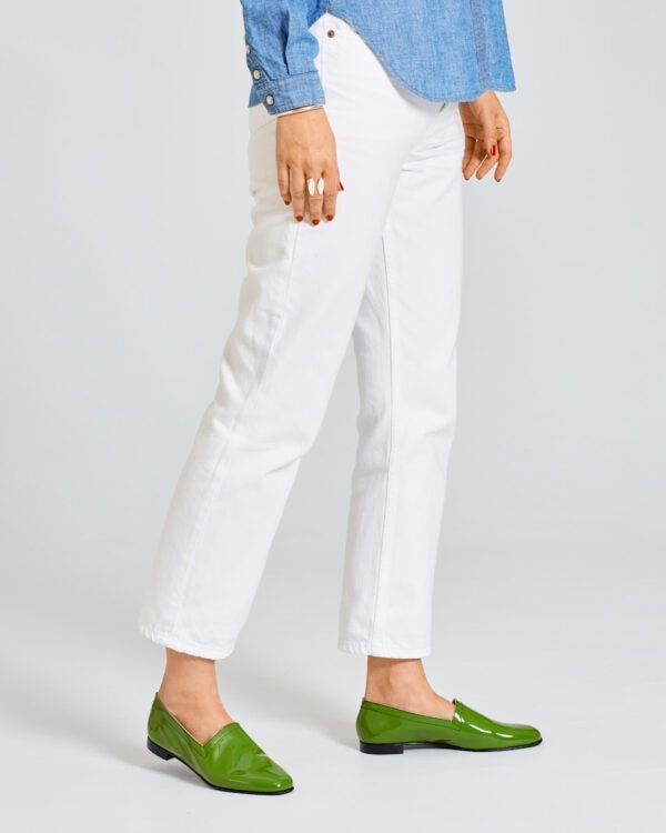 Ops&Ops No10 Avocado patent flats worn here with white straight-leg jeans and long-sleeve denim shirt