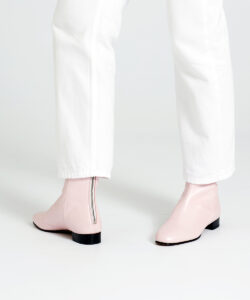 Ops&Ops No12 Pink Frost boots with white straight-leg jeans