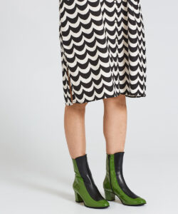 Ops&Ops No16 Avocado boots worn here with knee-length button-through pattern dress by Marimeko