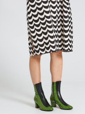 Ops&Ops No16 Avocado boots worn here with knee-length button-through pattern dress by Marimeko