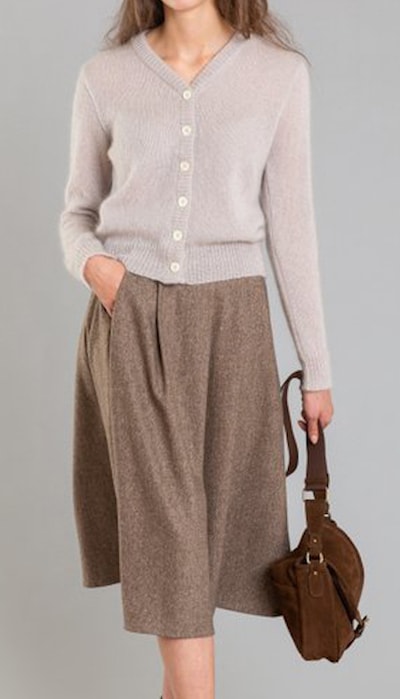 Agnès b light brown mottled tweed midi skirt and cardigan