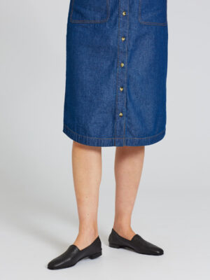 Ops&Ops No10 Action Black flats worn here with knee-length button-through denim dress