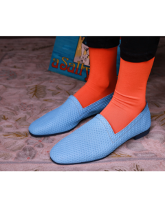Ops&Ops No10 Action Light Blue flats worn with bright orange socks