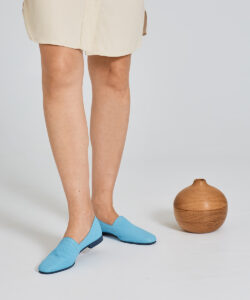 Ops&Ops No10 Action Light Blue flats worn here with ivory knee-length dress
