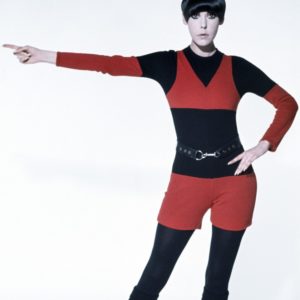 Peggy Moffitt in Rudi Gernreich red and black suit