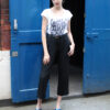 Ops&Ops No15 Metallic Turquoise wedge mules worn with cropped black pants, white tee and biker cap