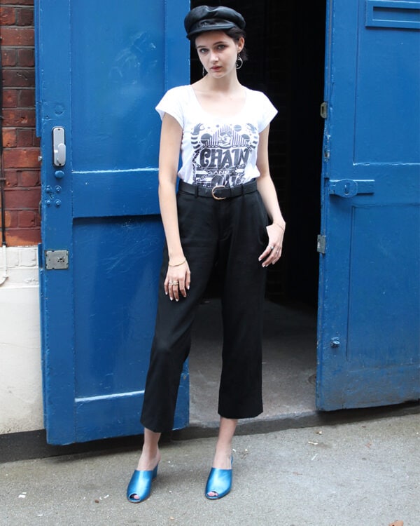 Ops&Ops No15 Metallic Turquoise wedge mules worn with cropped black pants, white tee and biker cap