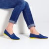 Ops&Ops No10 Action Blue flats with yellow heel and soleworn here with turn-up straight jeans