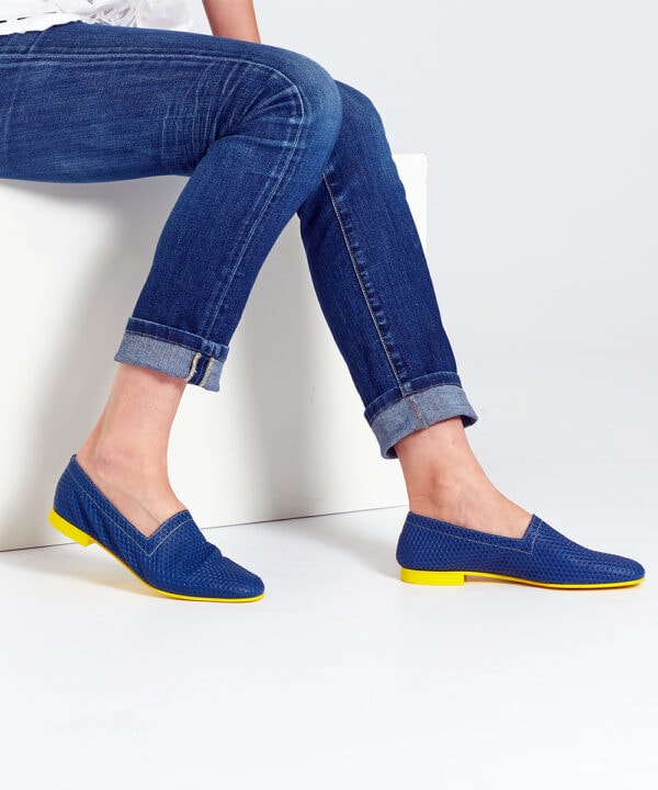 Ops&Ops No10 Action Blue flats with yellow heel and soleworn here with turn-up straight jeans