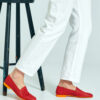 Ops&Ops No10 Action Red flats with orange sole and heel worn here with white jeans
