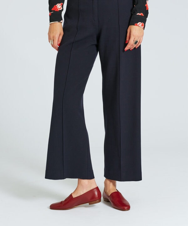 Ops&Ops No10 Claret leather flats worn with cropped, wide-leg navy trousers and patterned top