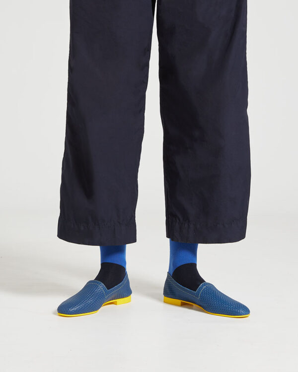Ops&Ops No10 Action Blue leather flats seen here with blue patterned socks and cropped trousers