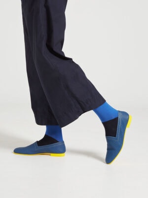 Ops&Ops No10 Action Blue leather flats stepping out with blue patterned socks and cropped trousers