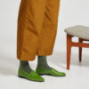 Ops&Ops No10 Avocado patent leather flats worn here with green lurex socks and wide-leg cropped khaki trousers