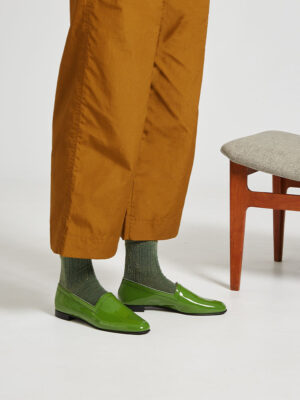 Ops&Ops No10 Avocado patent leather flats worn here with green lurex socks and wide-leg cropped khaki trousers