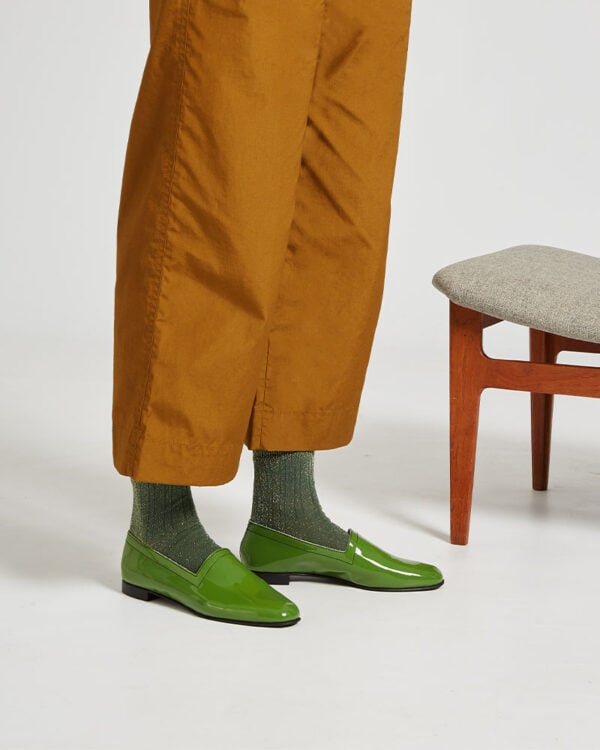 Ops&Ops No10 Avocado patent leather flats worn here with green lurex socks and wide-leg cropped khaki trousers