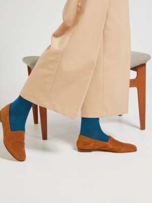 Ops&Ops No10 Toffee suede flats close-up worn here with teal socks and beige wide cropped trousers