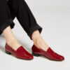 Ops&Ops No11 Crimson patent leather block heels worn with rolled-up black jeans