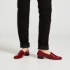 Ops&Ops No11 Crimson patent block heels worn with rolled-up black jeans