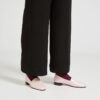 Ops&Ops No11 Pink Frost leather block heels worn with wide-leg navy cropped trousers