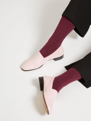 Ops&Ops No11 Pink Frost leather block heels worn with dark crimoson check patterned socks and trousers