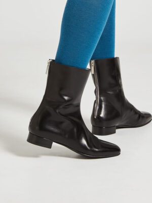Ops&Ops No12 Classic Black leather go-go boots close-up with blue tights