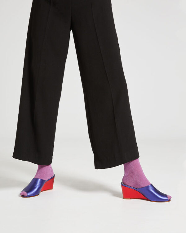 Ops&Ops No15 Metallic Purple wedges, seen here with lilac lurex socks and black jumpsuit