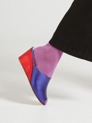 Ops&Ops No15 Metallic Purple leather wedges close-up, seen here with lilac lurex socks