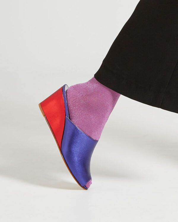 Ops&Ops No15 Metallic Purple leather wedges close-up, seen here with lilac lurex socks