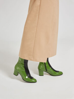 Ops&Ops No16 Avocado mid-heel leather boots worn here with cropped wide-leg tan trousers