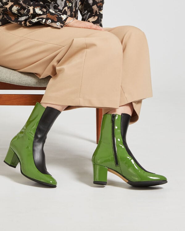 Ops&Ops No16 Avocado mid-heel leather boots close-up worn with cropped wide-leg tan trousers