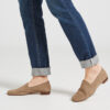 Ops&Ops No17 Mushroom nubuck flats worn with turned up denim jeans