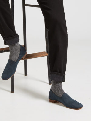 Ops&Ops No17 Petrol nubuck flats sitting worn with grey ribbed lurex socks and turned up black jeans