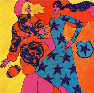 Fashion illustration for NFL ad by Peter Max 1969