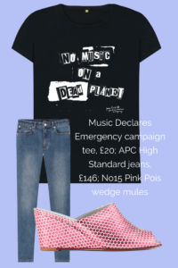 No15 Pink Pois wedges paired with APC HIgh Standard jeans and Music Declares Emergency campaign T-shirt