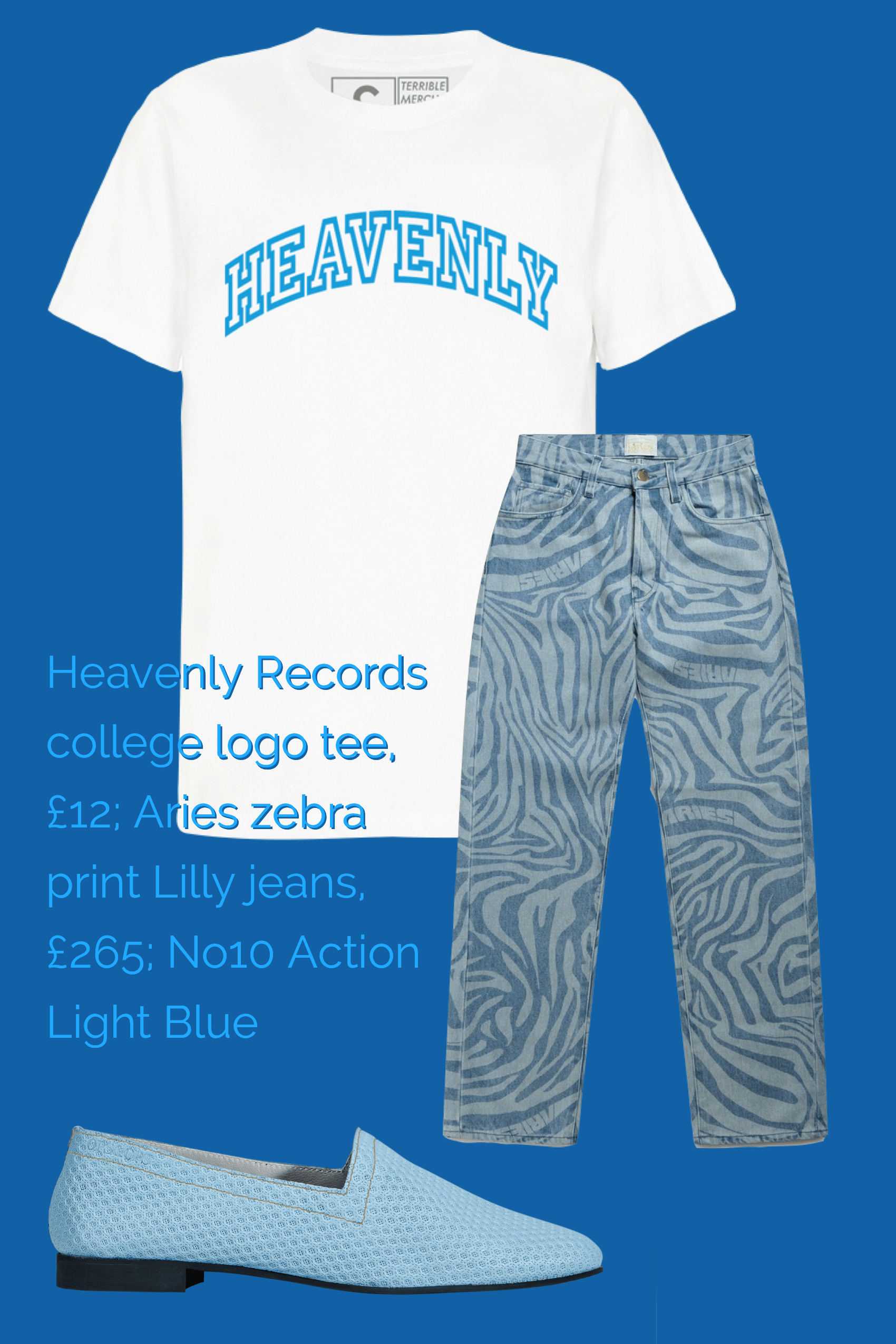 Ops&Ops No10 Action Light Blue flats teamed with Aries zebra-print jeans and Heavenly Records t-shirt