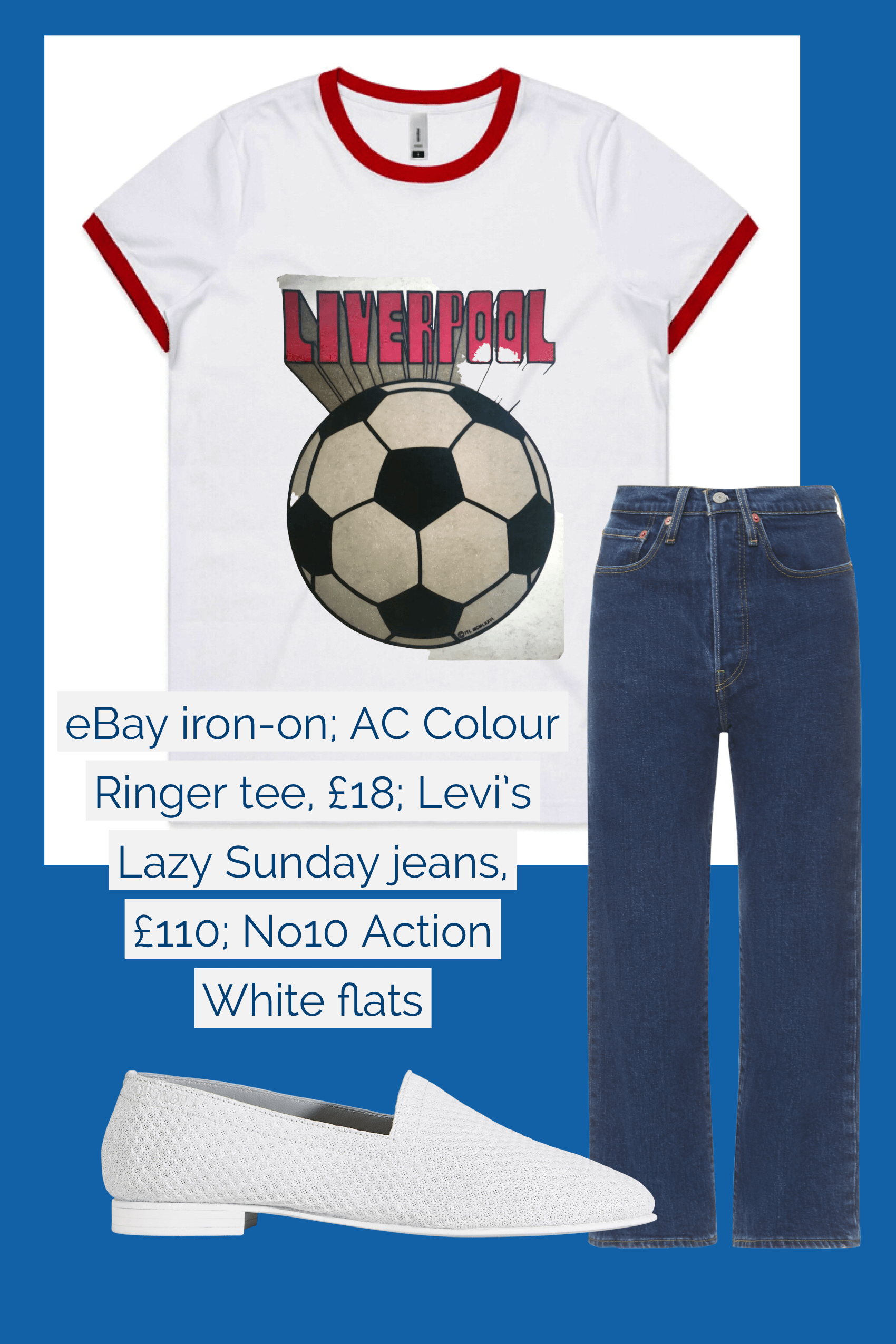 Ops&Ops No10 Action White flats teamed with Levi's jeans and AC Colour t-shirt with eBay Liverpool iron-on