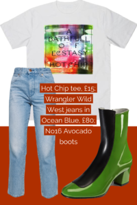 Ops&Ops No16 Avocado boots teamed with Wrangler jeans and Hot Chip t-shirt