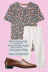 Ops&Ops No11 Cinnamon block heels paired with Cos jeans and Paul Smith Rizo Floral t-shirt