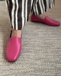 Ops&Ops No10 Guava flats styled with striped, wide-leg trousers