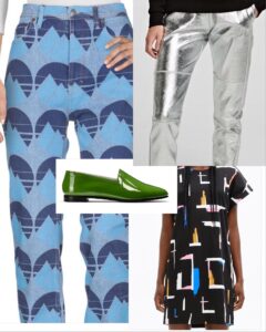 No10 Avocado with patterned Acne jeans, silver Karl Lagerfeld sweatpants and Bimba y Lola dress