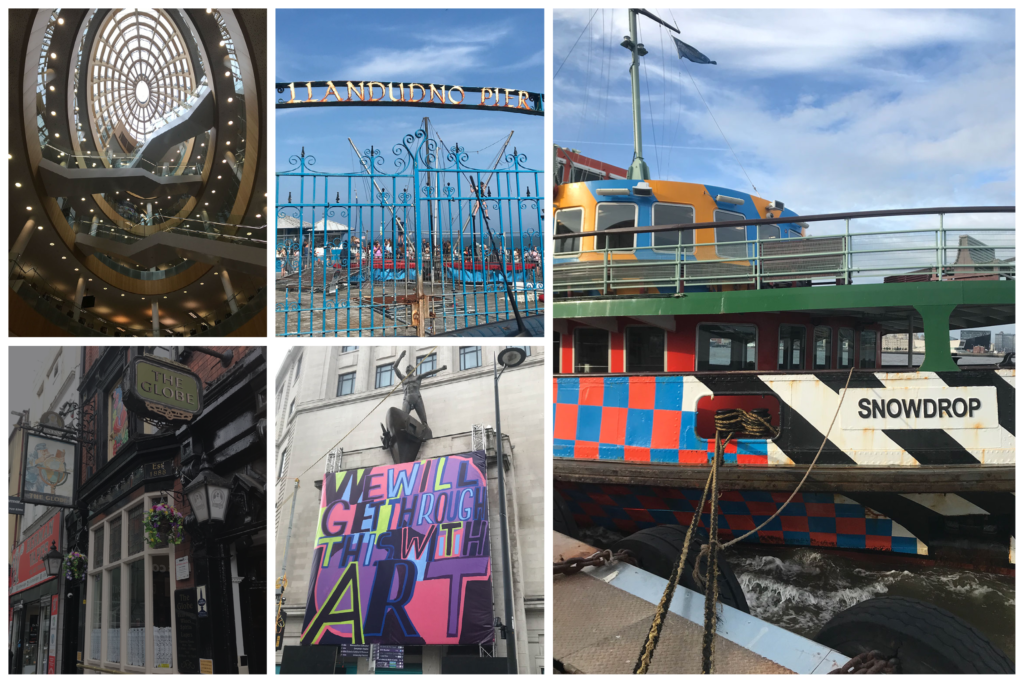 Scenes from Liverpool, Central Library, Llandudon Pier, the ferry, Globe and Art