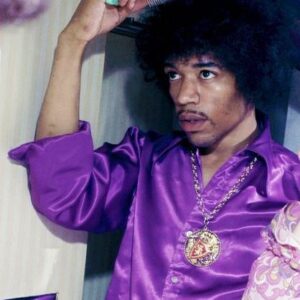 Jimi Hendrix in purple satin shirt