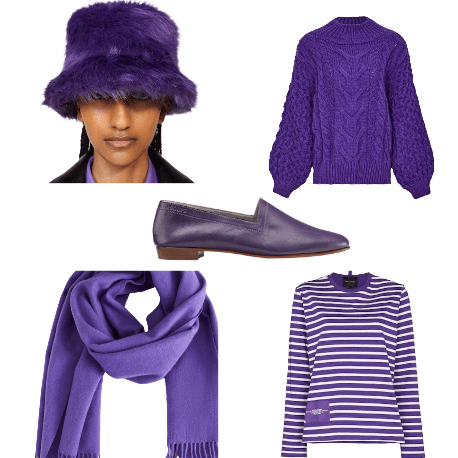 Ops&Ops Royal Purple No10s with bucket hat, scarf, cable knit and striped sweater